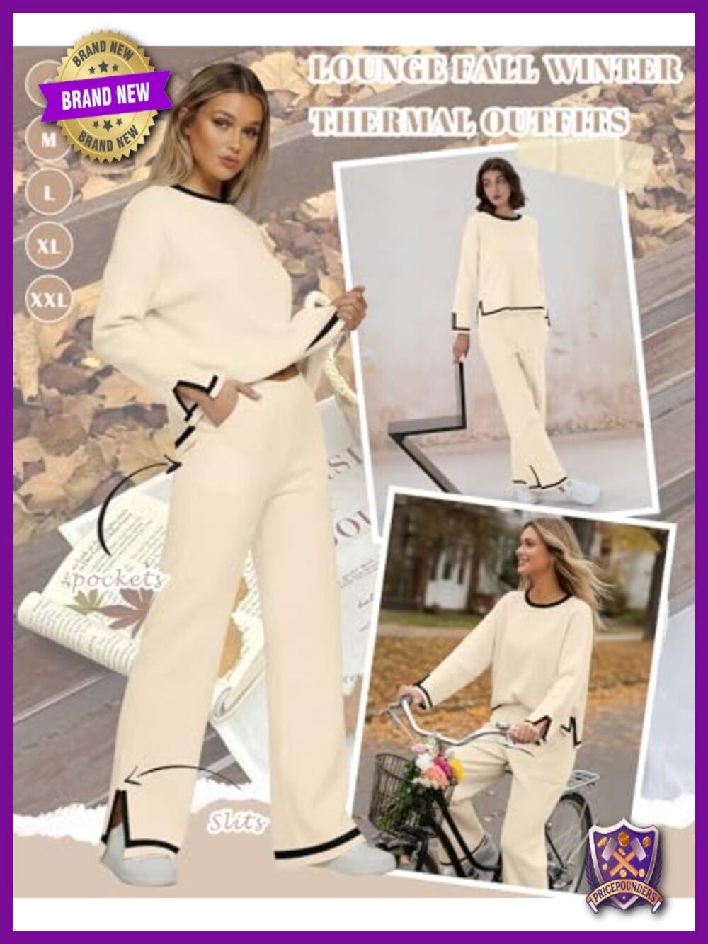 Womens 2 Piece Viscose Nylon Sweater Knit Lounge Set Wide Leg Pants - Picture 2 of 6